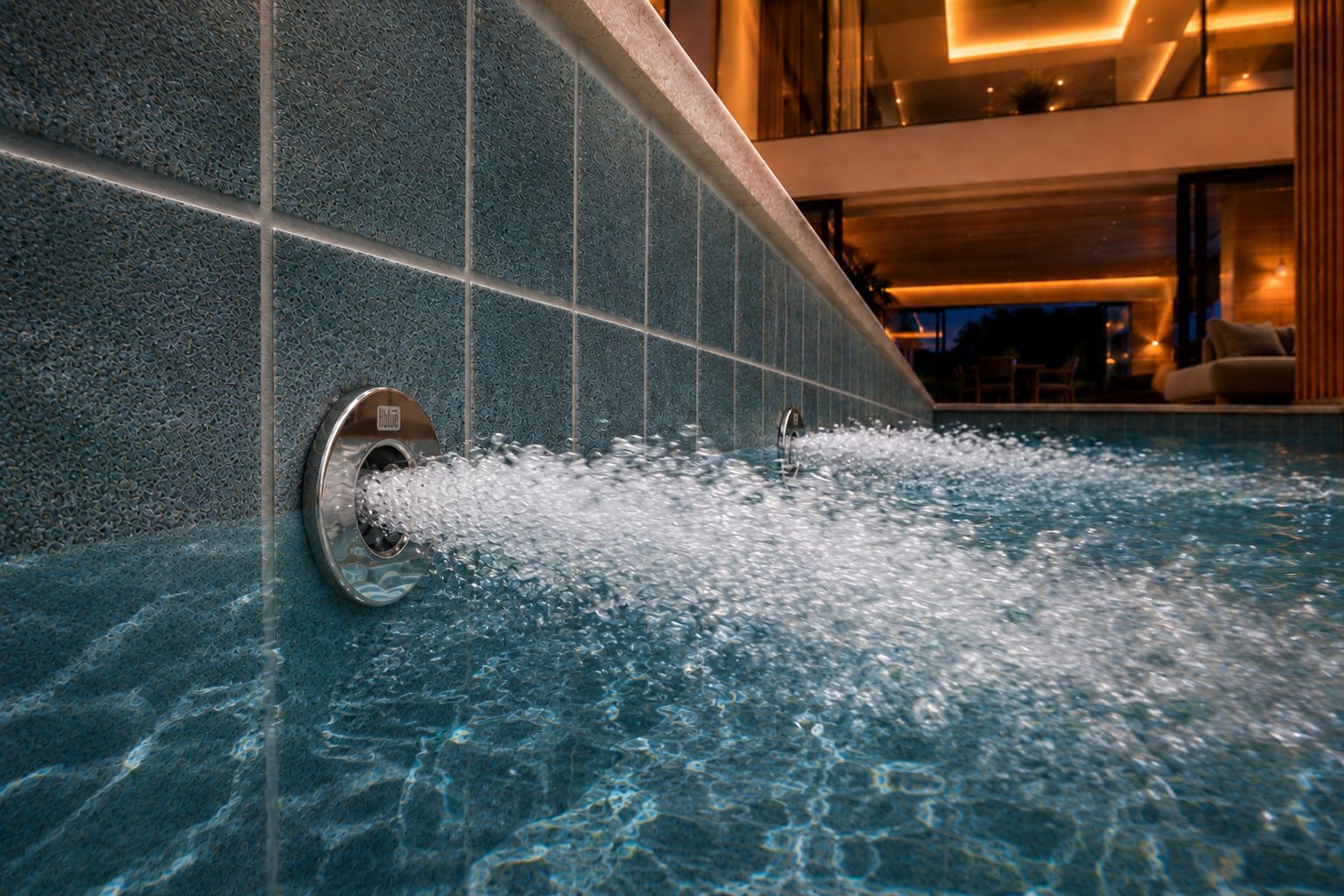 Retorno Mini Fit Max em inox maciço instalado, com jato de água, em piscina à noite