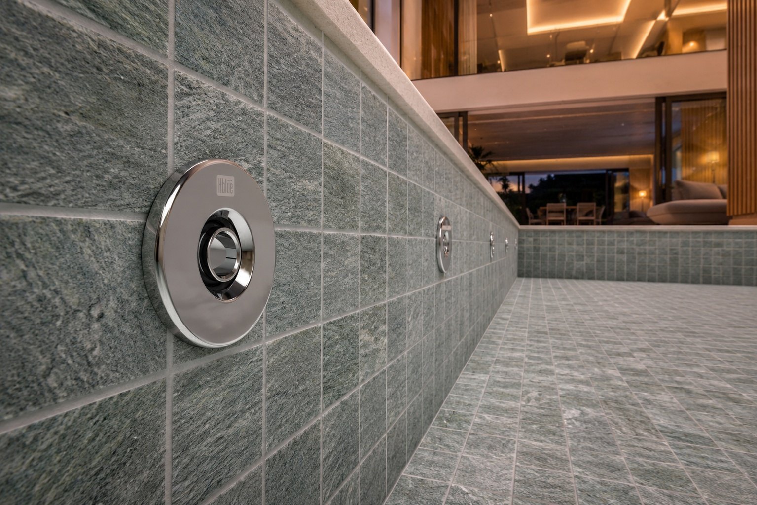 Retorno Max em inox maciço instalado em piscina revestida de pedra