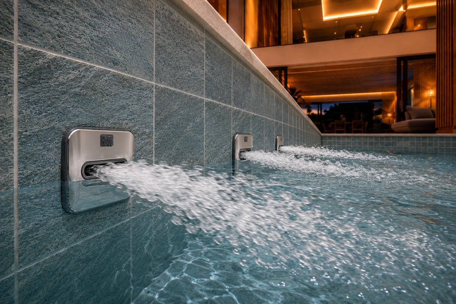 Retornos Split em linha, com jatos, em piscina residencial à noite